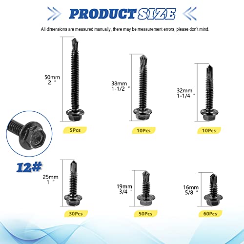 Glarks 165Pcs 410 Stainless Steel #12 Hex Washer Head Self Drilling Screws Assortment Kit 6 Size Black #12x5/8", 12x3/4" - Image 2