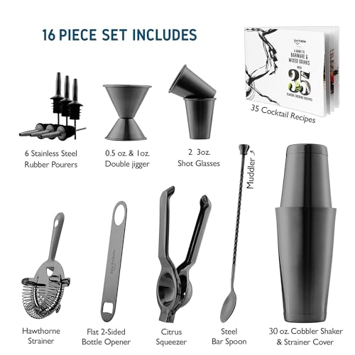 Bar Set Cocktail Shaker Set, Stainless Steel Mixology Bartender Kit, 16 Piece Cocktail Kit, Black Cocktail Set, Bar Tools: 30oz Martini Shaker, Muddler, Bar Kit Cocktail Book, Jigger and Pourers