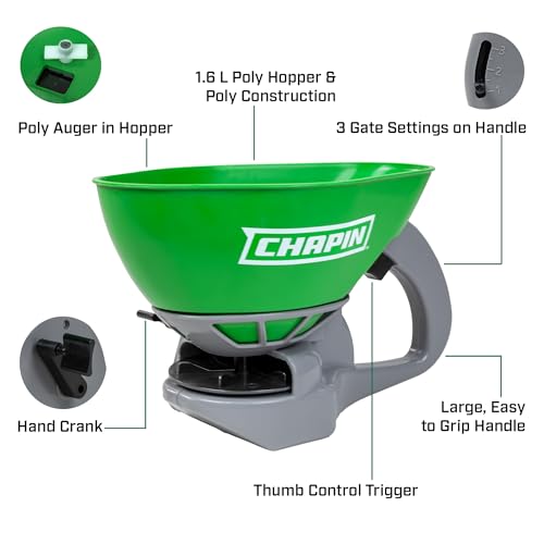 Chapin 8706G Spreader, Lawn and Garden, TurfPro, Hand Crank, Lightweight, Portable, Poly Scoop, Thumb Control Gate, 3 Settings, Ideal for Small Spaces, 15 Setting Gate, Fertilizer and Seeds, 0.3 Gal