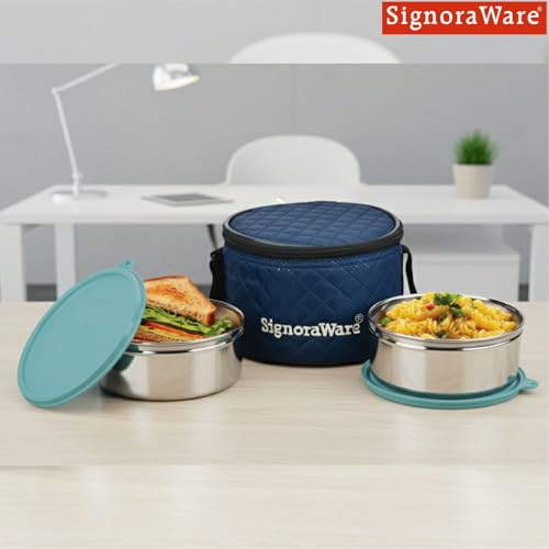 Image of SignoraWare Big Meal Stainless Steel Container Set | Airtight & Leakproof | Durable & Rust-Free | Ideal for Office, School, Home & Outdoor Use (800ml+800ml | Set of 2 | EBlue)