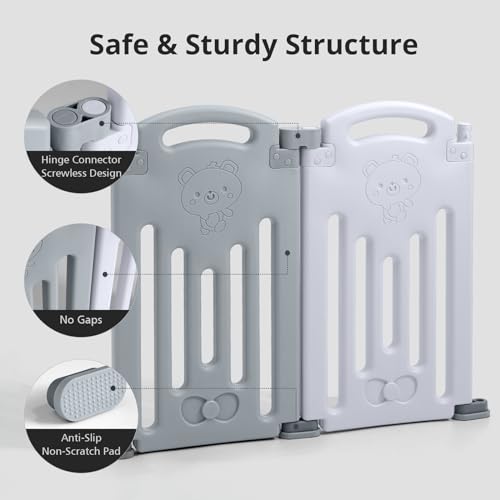 Uanlauo 10 Panel Foldable Playpen for Babies and Toddlers, Baby Fence Play Area with Secure Gate, Easy Assemble Play Yard (Grey+White)