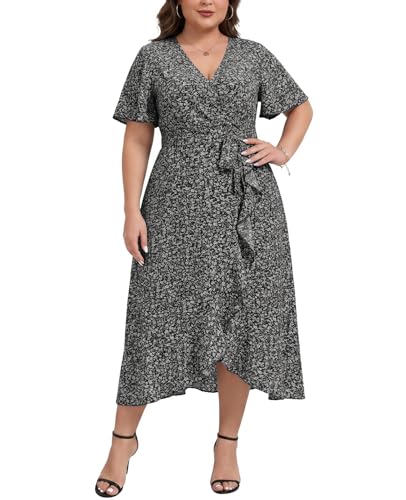 Image of Kyzoeyou Women's Plus Size Summer Dresses Casual Floral Ruffle Sleeve Midi Dress Floral V Neck A-Line Sundress with Tie Waist(Black X-Large)