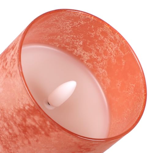 Image of Flameless Candles with Remote Orange Glass LED Pillar Candles Set of 3 | Realistic Wax Flame Effect, 2 /4 /6 /8H Timer, Battery Operated, Soft Ambient Glow for Home, Wedding & Holiday Decor