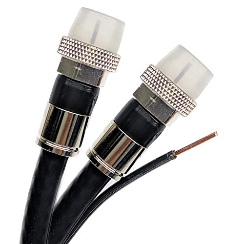 50ft 3GHz Aerial Dual Solid Bare Copper RG6 w/Copper Ground Messenger Coaxial Cable 18AWG Weather Seal Brass Connectors UL ETL HD Satellite, Assembled in USA