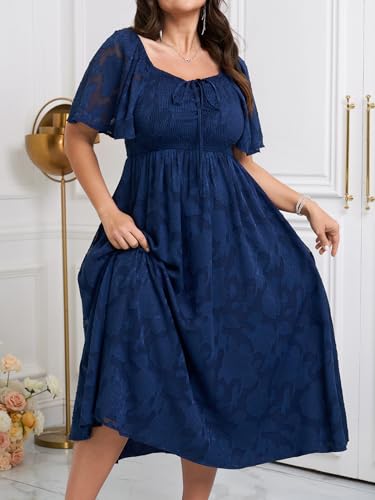 SCOMCHIC Women's Plus Size Formal Dresses Square Neck Short Sleeve Lace Floral Smocked Flowy Long Maxi Wedding Guest Dress3
