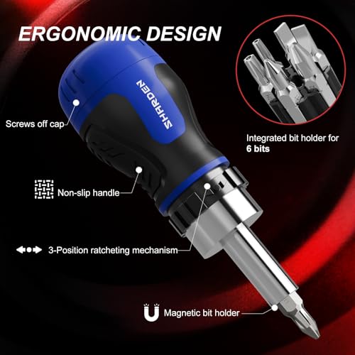 Image of SHARDEN 8 in 1 Stubby Ratcheting Screwdriver Multi Short Screw Driver Set with 6 CRV Bits Phillips, Slotted, Torx, Portable All-in-One Repair Tool Kit for Home DIY Tables, Doors, Chairs