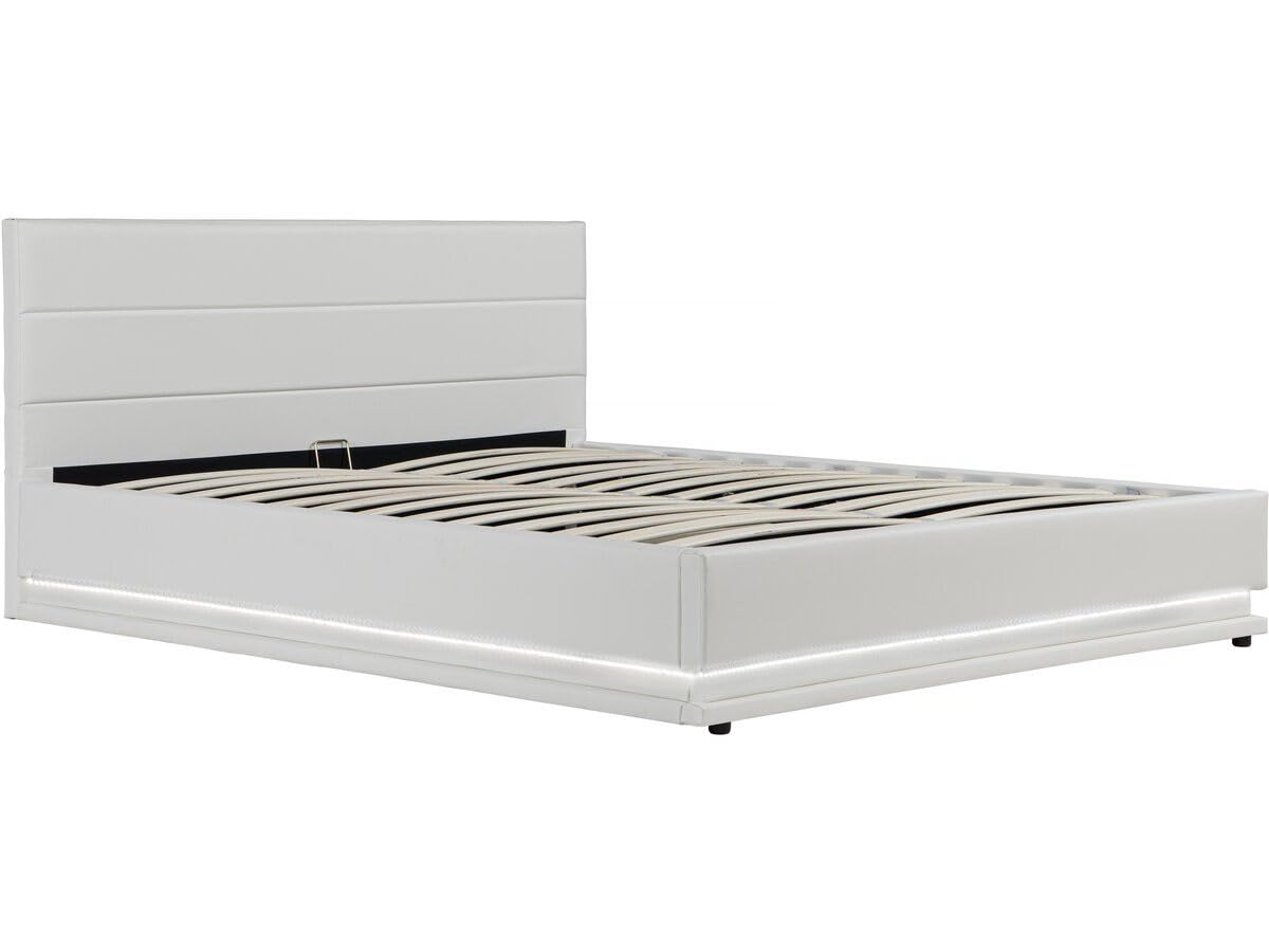 Habitat et Jardin - Lit Double LED Anastasia en Simili Blanc avec Coffre Rangements 160 x 200 cm | Cadre de Lit 2 Places Design | Sommier à Lattes et Tête de Lit Inclus
