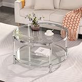 Lasadelgar Tempered Glass Round Coffee Table, 28' Modern Acrylic Legs Circle Center Table for Living Room
