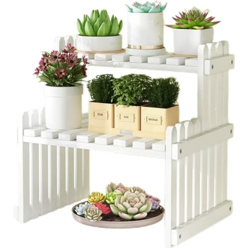 Hrzisda フラワースタンド、2段、天然竹、多肉植物、棚、ガーデニング、バンブーガーデン、植物小屋、鉢植え、鉢棚、収納小屋、ベランダ/屋外/屋内、大容量、組み立て式、頑丈、オリジナルカラー、収納棚 (ホワイト,57*21*30cm)
