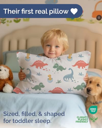 Toddler Pillow with Dinosaur Microfiber Pillowcase - 13x18 Small Kids Pillow for Sleeping, Travel, Car, Nursery & Toddler Bed - Soft & Fluffy - Ideal for Crib & Cot - Machine Washable - Ages 2 and Up - Image 4