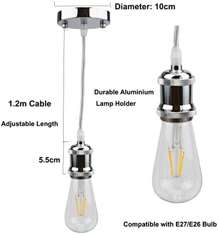 Vintage Ceiling Pendant Light Fitting, E27 Lamp Holder Suspended Pendant Light with Twisted Braided Flex (Chrome)
