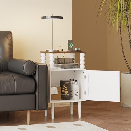 Image of Veegle White Nightstand with Charge Station,Modern Bedside Table with Storage Drawer and Open Wood Shelf, for Bedroom and Small Spaces,Night Stand with Solid Wood Legs (White)
