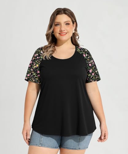 Image of CARCOS Plus Size Tops for Women Short Sleeve Raglan Striped Tee Color Block Crewneck /V Neck Tunic Loose Fit Summer XL-5XL
