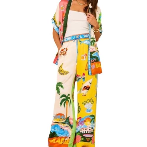 Sufedffd Women's Two Piece Linen Suit Short Sleeve Button Shirt