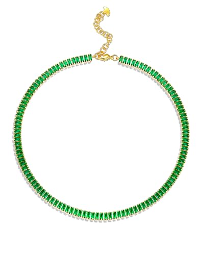 SNGIA 18K Gold Plated Emerald Choker Necklaces for Women, Green Statement Tennis Chain Choker Necklace Gift.