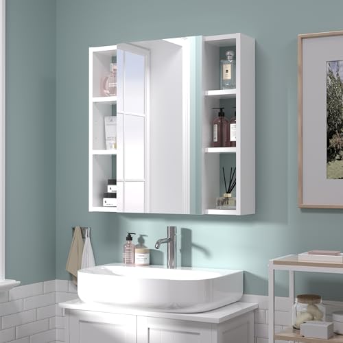 Réflexon 24x24 Bathroom Cabinet with Mirror, Wall Cabinet with 1 Mirrored Doors, Adjustable Shelf, Open Compartment, Wall-Mounted, White(Assembly Required)