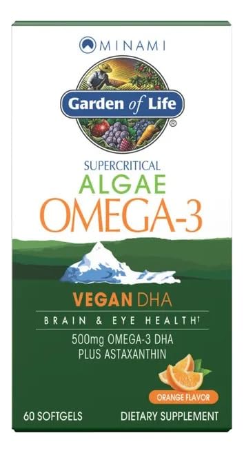 Garden of Life Minami Algae Omega 3 Vegan DHA for Brain and Eye Health - Orange Flavor, 500mg Plant Based DHA Omega-3 Vegan Algae Oil plus Astaxanthin, No aftertaste, 60 easy-to-swallow Mini Softgels