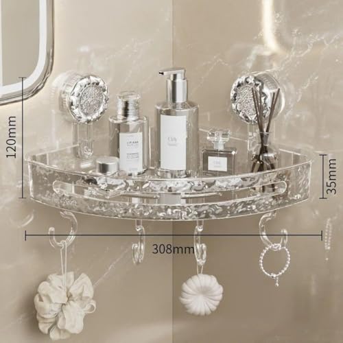 Image of Bathroom Corner Shelf for Wall with Strong Suction Cups - Transparent Acrylic Triangle Storage Rack with Utility Hooks, No-Drill Bathroom Organizer for Shampoo, Soap & Accessories (Round 2 Pcs)