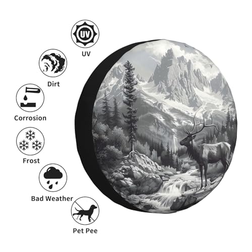 Image of Mountains Lake and Deer Spare Tire Cover Wheel Protectors Weatherproof Deer Pattern Wheel Covers Universal Fit for Trailer RV SUV Truck Camper Travel Trailers Accessories 17 Inch