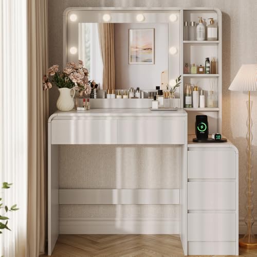Image of 39.3 inch Makeup Vanity Desk with Charging Station, White Makeup Dressing Table with Mirror & Lights, 3 Lighting Modes Adjustable Brightness, Vanity Table with Power Outlet & 5 Drawers Curved Design