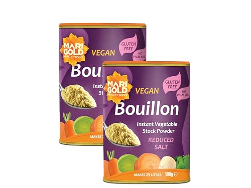 Marigold Reduced Salt Vegetable Bouillon Powder, 500g (Pack of 2) – Instant Vegan Stock Powder, 37% Less Salt, Natural Ingredients, Gluten-Free – Perfect for Soups, Stews & Sauces.