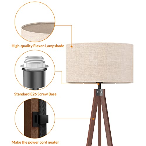 LEPOWER Wood Floor Lamp Tripod, Mid Century Standing Lamp, Modern Design Studying Light for Living Room, Bedroom, Study Room and Office, Flaxen Lamp Shade with E26 Lamp Base Dark - Image 4