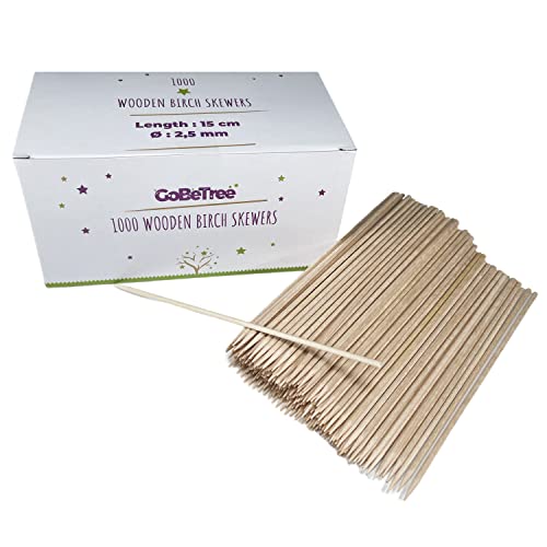 1000 Brochetas de Madera de 15 cm y Ø 2.5 mm. Pinchos y Palos de Abedul para Parrillas, Barbacoas, Carnes, Verduras y Manualidades