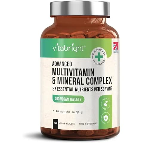 Multivitamins & Minerals - 400 Vegan Multivitamin Tablets - 13 Month Supply - 27 Essential Vitamins & Minerals per Multivitamin Tablet for Women and Men - Keto Friendly - Made in The UK by VitaBright Cover