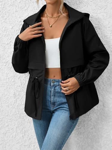 SotRong Packaway Waterproof Rain Jacket With Hood Womens Summer Spring Autumn Light Anorak Jacket Outdoor Windbreaker Trench Coat Black XL - Image 3