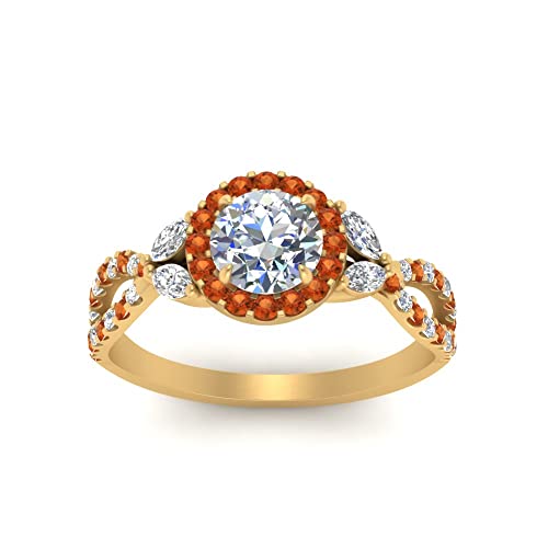 Image of Choose Your Gemstone Floral Split Shank Halo Engagement Ring Yellow Gold Plated Round Shape Split Shank Engagement Ring Lightweight Office Wear Everyday Gift Jewelry US Size 4 to 12