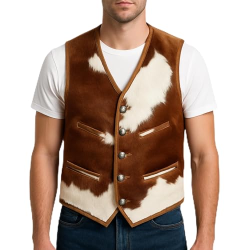 Mens Animal Print Hair-On Vest Cowhide Leather Western Cowhide Black and White Waistcoat