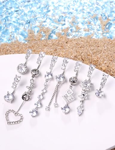 FIBO STEEL 8Pcs Belly Button Ring for Women Dangle Belly Rings Surgical Steel Cute Heart Flower Dainty Dangly Belly Button Piercing Jewelry Navel Ring Silver 14G4
