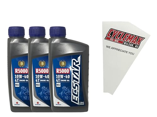 Cyclemax Three Pack compatible with Suzuki Ecstar R5000 10W-40 4-Stroke Engine Oil 990A0-01E10-01Q Contains Three Quarts and a Funnel