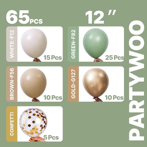 Image of PartyWoo Sage Green Balloons 65pcs 12 Inch Metallic Gold Sand White Light Brown Gold Confetti Balloons for Baby Shower Wedding Engagement Jungle Woodland Forest Birthday Party Decorations