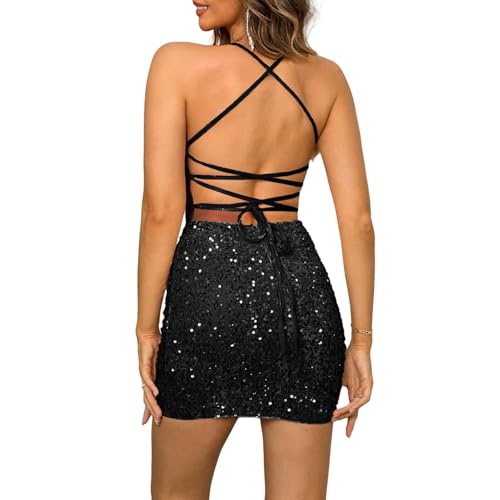 Image of Women's Sequin Bodycon Mini Dress Sparkly Dress Sexy Criss Cross Open Back Short Dress