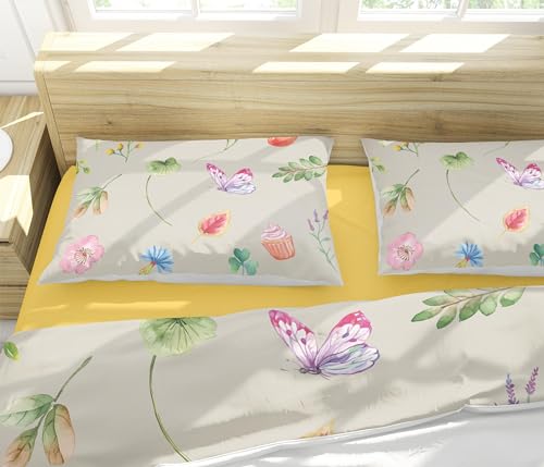 Housse de couette fleurs papillon 220x240 colorée avec taies