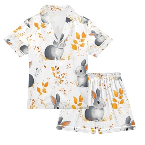senya Grey Rabbit Leaves Satin Summer Pajama Sets Silk Short Sleeve Button Down Sleepwear