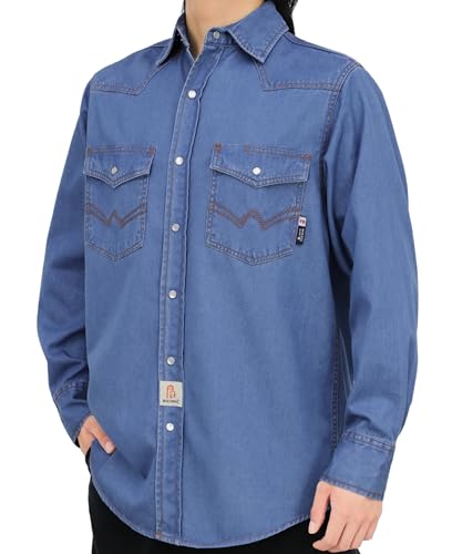 BOCOMAL FR Shirts Washed Denim EX Soft Lightweight Smooth Fit Pearl Snaps Down Durable Flame Resistant Work Clothing