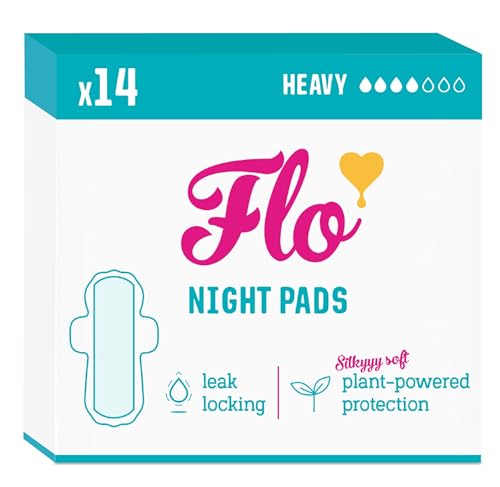 Flo - Night Menstrual Pads (14 Pack) - Organic Bamboo Period Pads for Women - Heavy Flow - Leak Locking - Winged, Ultra-Thin - Absorbent, Soft & Breathable - Plant Based – Vegan, Cruelty Free