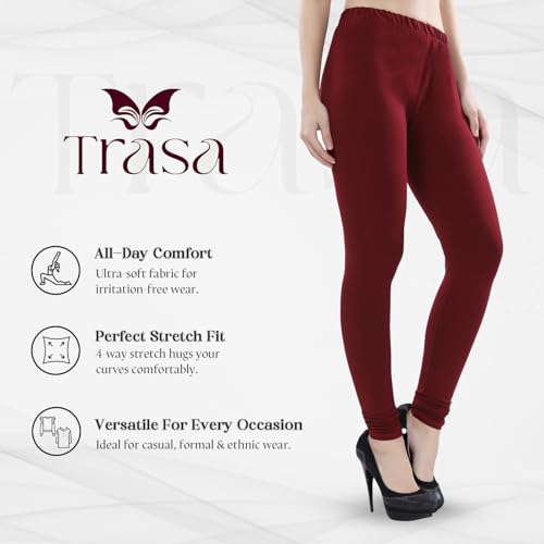 Image of TRASA Ultra Soft Cotton 4 Way Stretchable Churidar Solid Regular and Plus 20 Colours Leggings for Womens and Girls -Sizes :-M, L, XL, 2XL, 3XL, 4XL, 5XL, 6XL