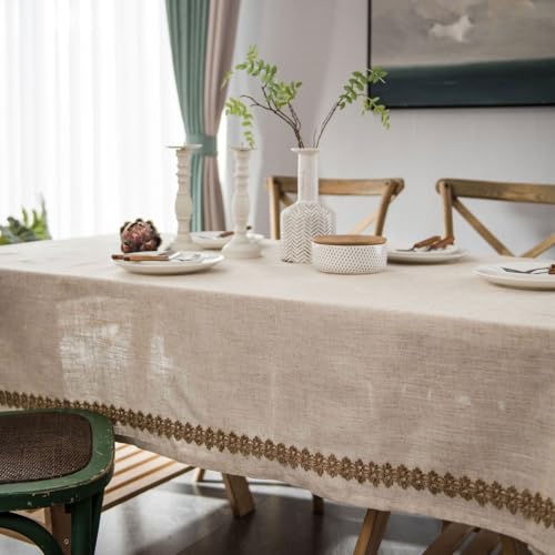 Nappe en polyester et lin texturé avec pompons pour intérieur raffiné
