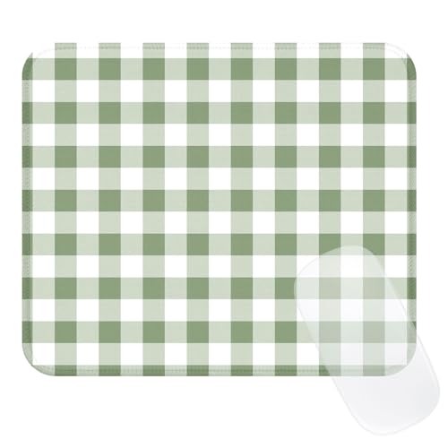 Image of Square Cute Checkered Mouse Pad with Stitched Edge, Premium Waterproof Cloth Aesthetic Small Plaid Mouse Mat, Non-Slip Rubber Base Funny Mousepad Desk Accessories,Green White