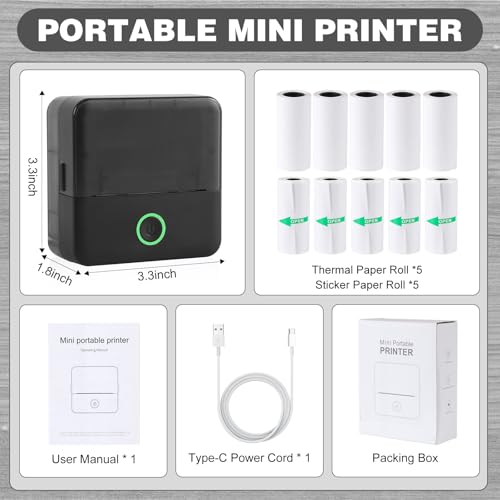 Print Pods Mini Printer, Thermal Inkless Sticker Maker with 10 Rolls Printing Paper, Pocket Printpod for phone, Impresora Portátil for Notes, Flashcards, Journal, DIY, Compatible with iOS & Android