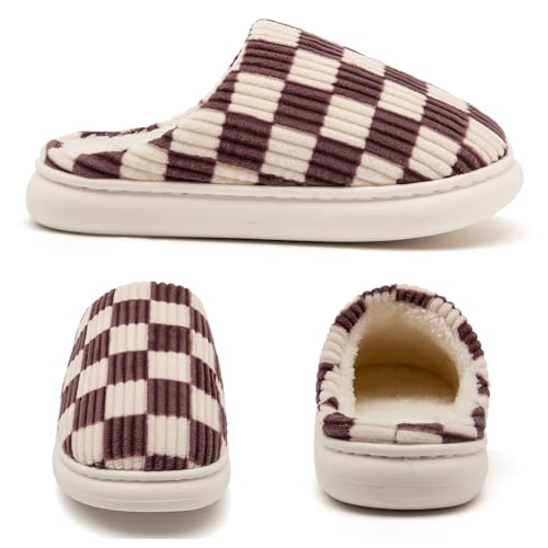 Image of Yueerlu House Slippers for Women Men, Fuzzy Checkered Mens Womens Slippers Warm Memory Foam House Shoes Indoor Outdoor with Faux Fur Lining