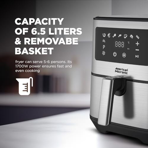 Image of AMERICAN MICRONIC 6.5 L Digital Air Fryer | 1700W TurboTunnel Fresh Air Technology | 200 C Max Temp | 60-Min Timer | 8 One-Touch Preset Menus | Healthy Oil-Free Cooking