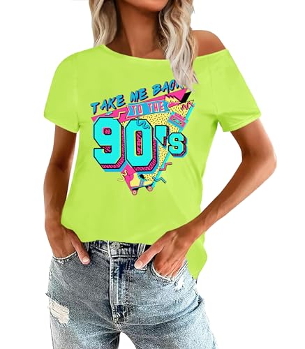 OCURHU 90s Costumes for Women Take Me Back to The 90s Shirts Vintage Off The Shoulder Shirt Neon Green L