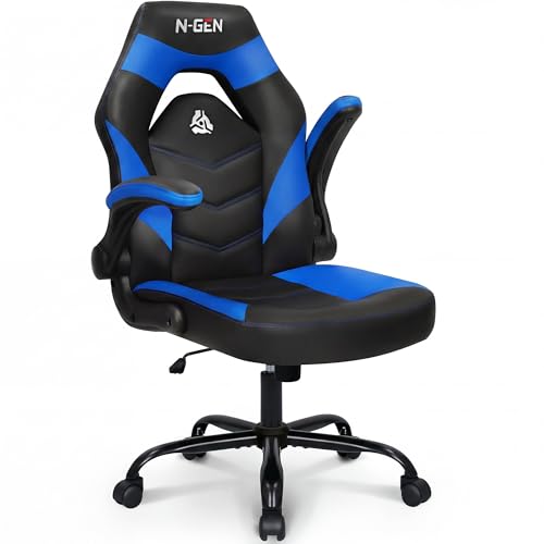 N-GEN Video Gaming Chair Ergonomic Computer Desk Office Chair with Lumbar Support Adjustable Height Swivel Wheels Flip-Up Arms PU Leather Home and Office (Classic Blue) by NEO CHAIR - Used condition - US$70.31