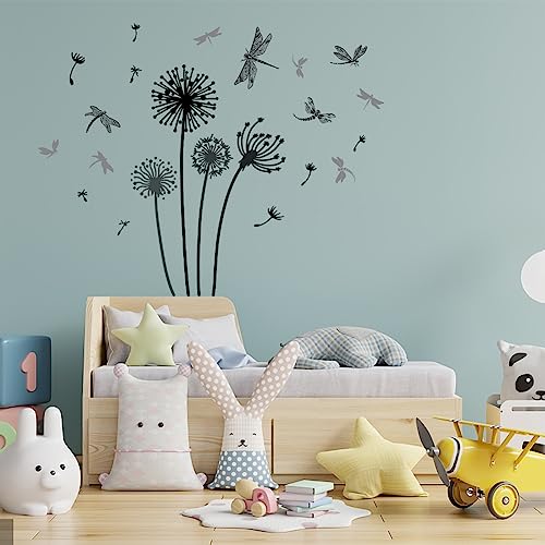 SUPERDANT Black Dandelion Dragonfly Wall Sticker Plants Insect Wall Sticker Removable Vinyl Home Decor Flowers Wall Art DIY Art PVC Wall Decal for Room Decor - Image 4