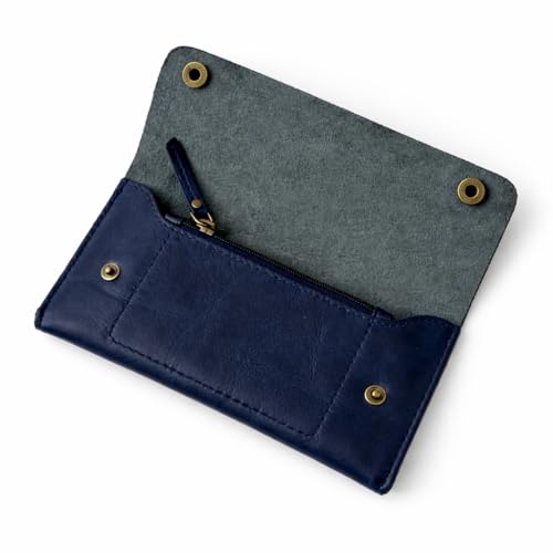 Image of Leather Currency Pouch - Handmade Cash Organizer with Double Button Closure & Zipper Pocket, Compact Money Holder for Travel & Everyday Use, 4 x 8 Inch (Blue)