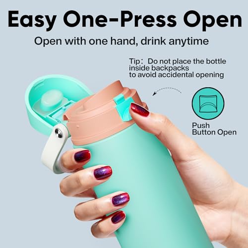 Image of Insulated Water Bottle with Straw - Encool Stainless Steel Water Bottle with Push Button Lid, Leak-Proof & BPA-Free, Keeps Cold for 24 Hours for Sports, Travel, Gym (24 oz, Turquoise)
